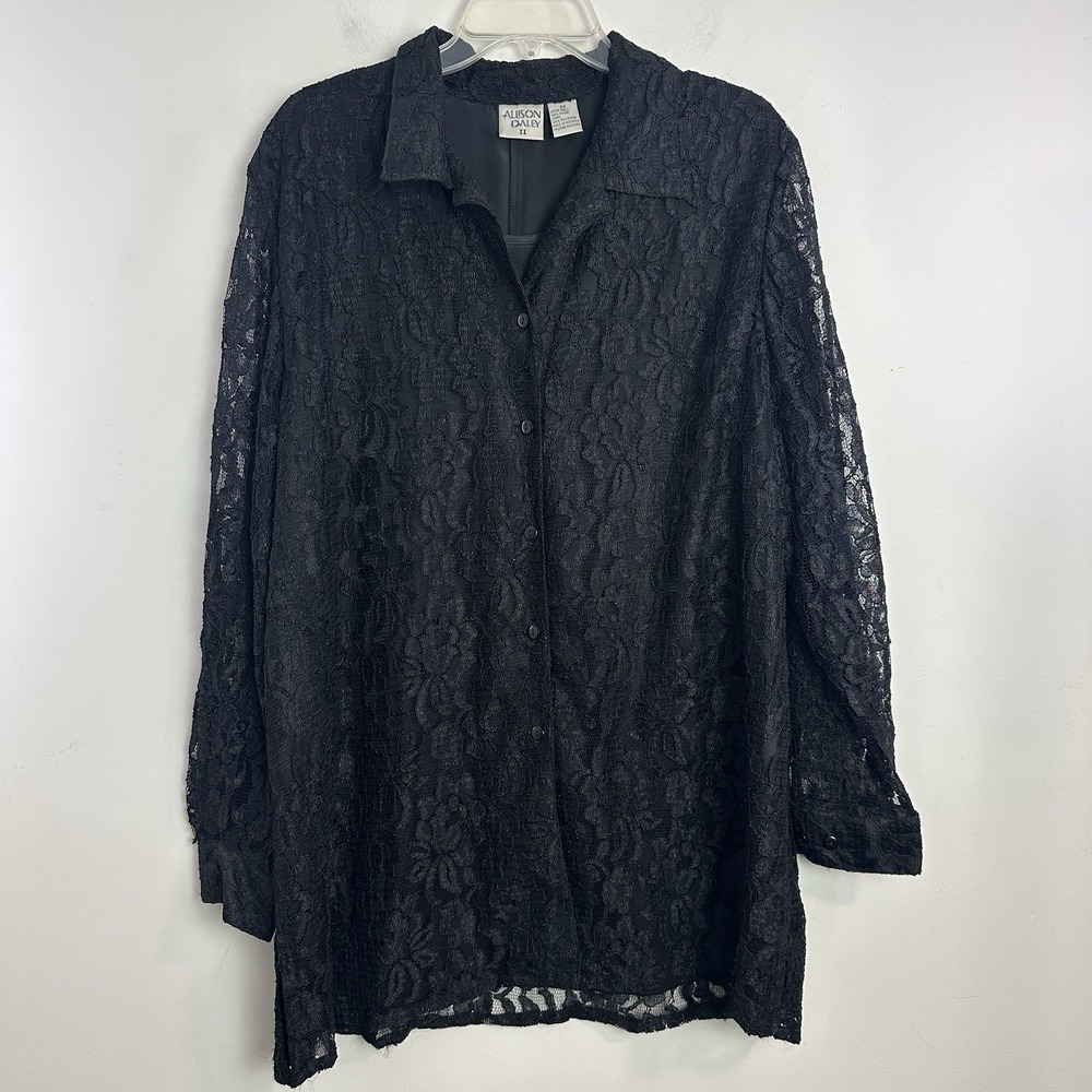 Allison Daly II Top Blouse Womens 2X Button‎ Up Lace Lined Black Long Sleeve